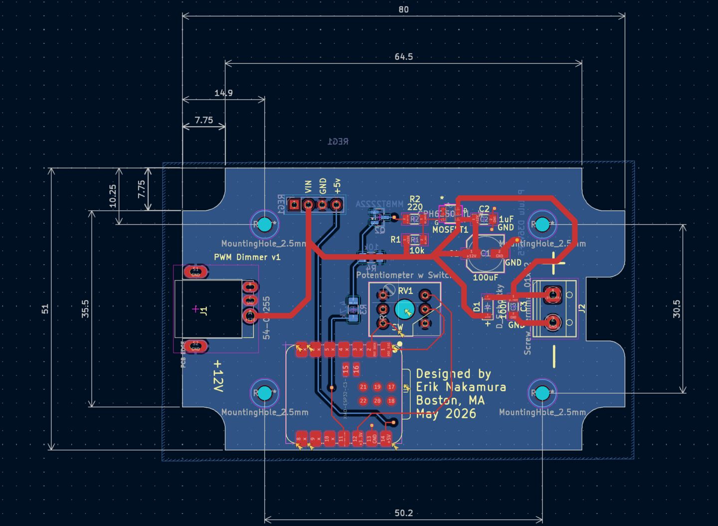The final board layout with dimentions